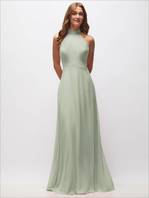 Sage green high-neck halter maxi dress with flowing skirt and fitted waist