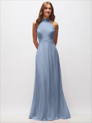 Light blue high-neck halter maxi dress with sleeveless cut and flowing skirt