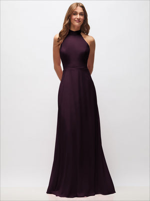 High neck halter backless maxi dress in deep plum, sleeveless bodice and full length skirt
