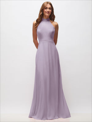 Lavender halter maxi dress with high neck, open back, sleeveless