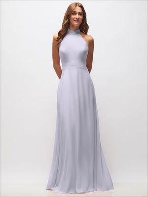Lavender high-neck halter backless maxi dress with fitted bodice and flowing skirt