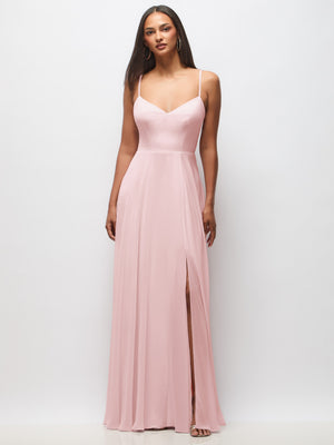 Blush pink tie-back cutout maxi dress with thin straps and front slit