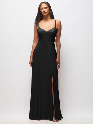 Black tie-back maxi dress with spaghetti straps, V-neck bodice, and front slit