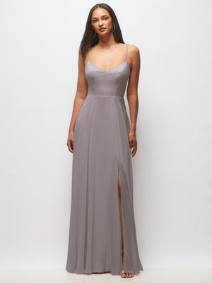Gray-lavender tie-back cutout maxi dress with spaghetti straps and front slit