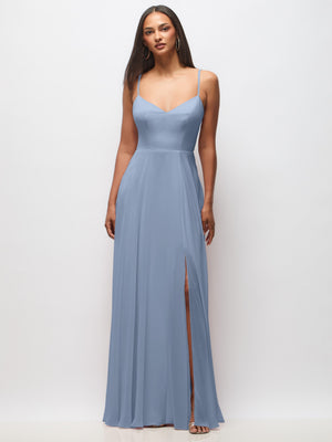 Light blue tie-back cutout maxi dress with thin straps and front slit