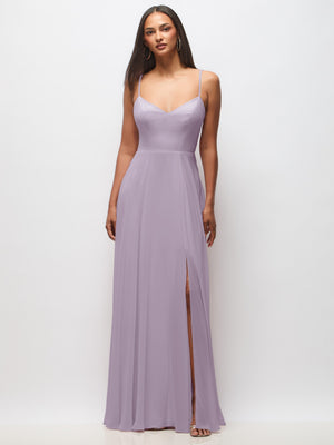 Lavender maxi dress with thin straps and front slit