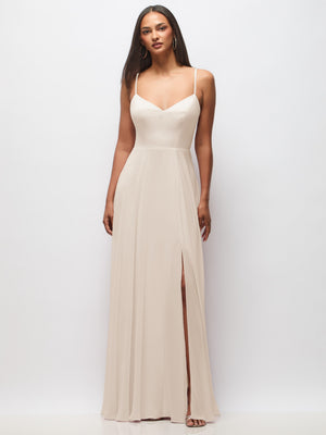 Ivory tie-back cutout maxi dress with spaghetti straps and front slit, full front view