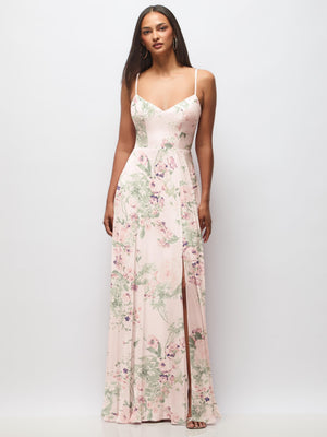Pink floral maxi dress with tie-back cutout, spaghetti straps, and front slit