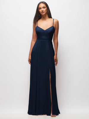 Navy maxi dress with V-neck spaghetti straps and front thigh slit