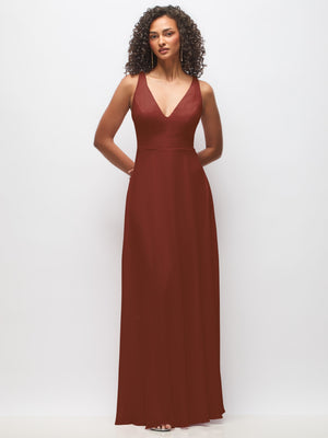 Rust-brown deep V-neck chiffon maxi dress, sleeveless, fitted bodice, full skirt