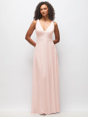Light blush chiffon maxi dress with deep V-neck, sleeveless, front view