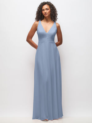 Sky-blue chiffon maxi dress, sleeveless deep V-neck bodice, flowing floor-length skirt.