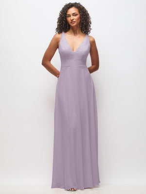 Deep V-neck chiffon maxi dress, sleeveless, lavender purple