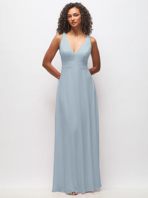 Light blue chiffon maxi dress with deep V-neck, sleeveless bodice, flowing skirt