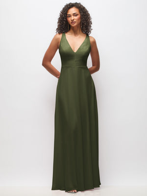 Olive green chiffon maxi dress with deep V-neck, sleeveless, full front view
