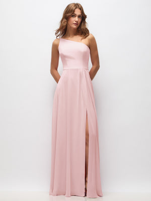 One-shoulder chiffon maxi dress in blush pink with shirred front and long front slit