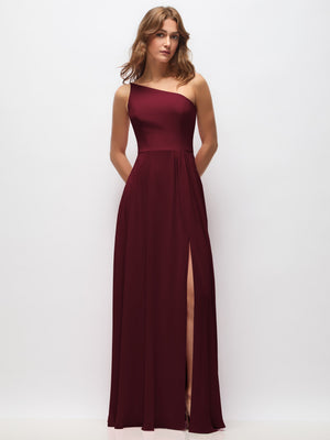 Dark burgundy one-shoulder chiffon maxi dress with shirred waist and front slit