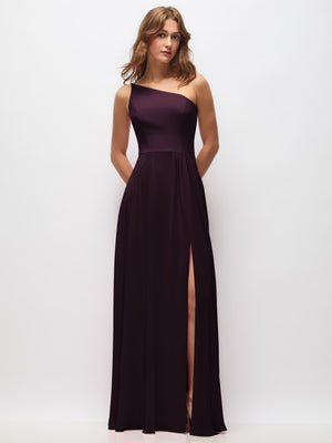 One-shoulder chiffon maxi dress in deep plum, shirred waist, long skirt with front slit.