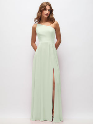 Pale mint one-shoulder chiffon maxi dress with shirred bodice and front slit