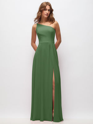 One-shoulder chiffon maxi dress in sage green with shirred front and long front slit