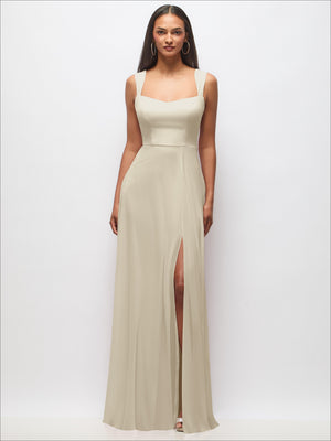 Light ivory wide-strap maxi dress with slim bodice and long side slit