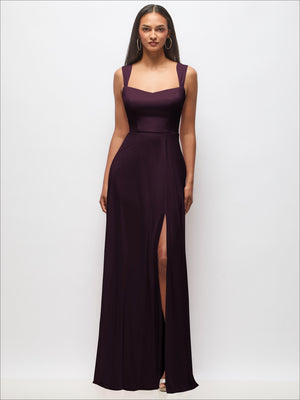 Sweetheart maxi dress with wide straps in deep plum, fitted bodice and side slit