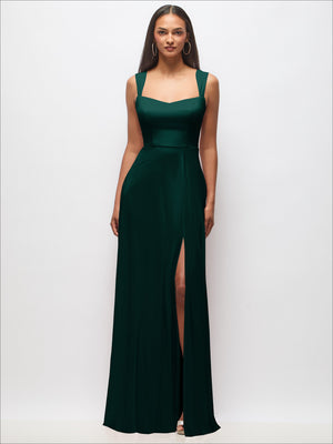 Dark green sweetheart maxi dress with wide straps and front slit