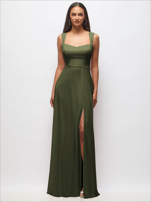 Olive sweetheart maxi dress with wide straps and front slit
