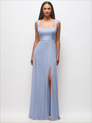Sweetheart wide-strap maxi dress in light blue, fitted bodice and front high slit
