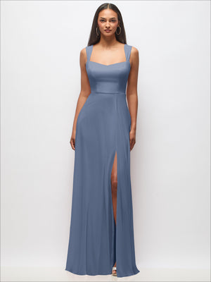 Dusty blue satin-look sweetheart maxi dress with wide straps and front slit