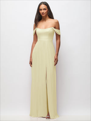 Off-shoulder basque maxi dress with flounce sleeves in pale yellow, front slit