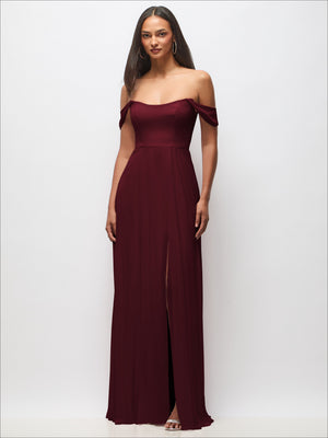 Burgundy off-shoulder maxi dress with basque waist, flounce sleeves, side slit