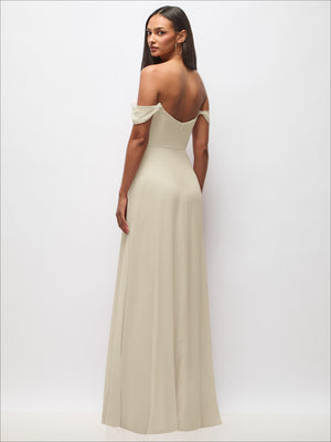 Off-shoulder maxi dress in ivory with basque bodice and flounce shoulder sleeves