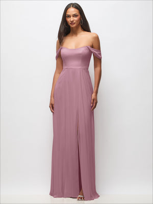 Mauve-pink off-shoulder maxi dress with flounce sleeves, fitted waist, side slit