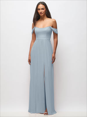Off-shoulder basque-neck maxi dress in light blue with flounce sleeves and front slit