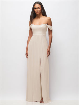 Ivory off-the-shoulder maxi dress with basque bodice and flounce sleeves, front slit