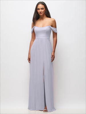 Lilac off-shoulder basque waist maxi dress with flounce sleeves and front slit