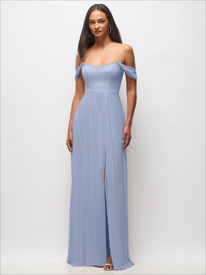 Dusty blue off-shoulder basque maxi dress with flounce sleeves and front slit