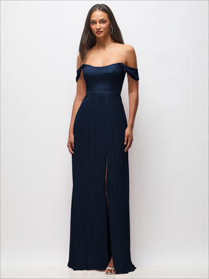 Navy off-shoulder maxi dress with basque waist and flounce sleeves, side slit