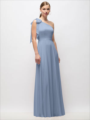One-shoulder draped maxi dress with scarf bow, light blue sleeveless bodice