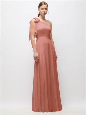Rose-pink one-shoulder draped maxi dress with scarf bow detail