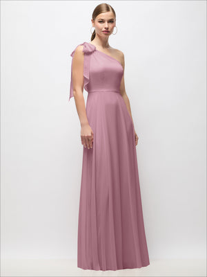 One-shoulder maxi dress with drape and gathered waist, dusty rose
