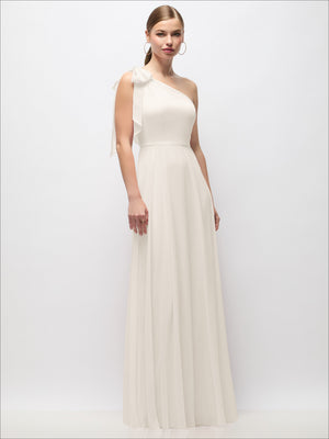 Ivory draped one-shoulder maxi dress with scarf bow detail at the neckline