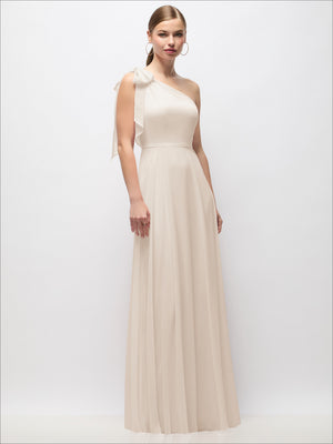 Draped one-shoulder maxi dress with scarf bow, ivory sleeveless floor-length gown