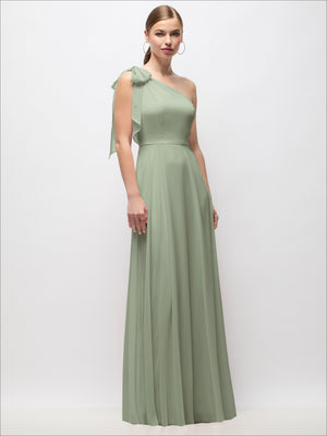 Sage draped one-shoulder maxi dress with scarf bow and pleated skirt.