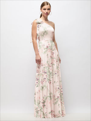 Pink floral one-shoulder draped maxi dress with scarf bow detail