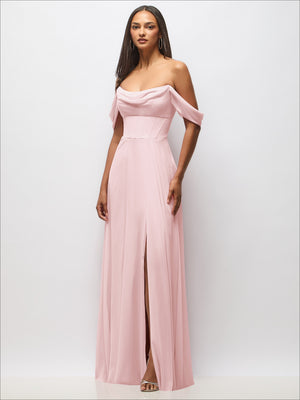 Blush chiffon corset maxi dress with removable off-the-shoulder swags, front view