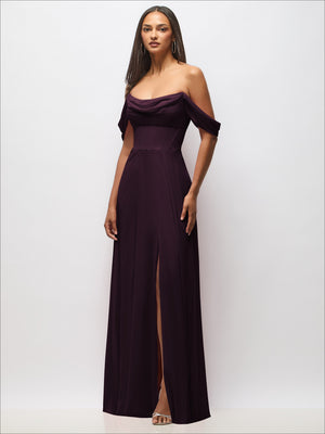 Deep plum chiffon corset maxi dress with draped off-the-shoulder neckline and slit