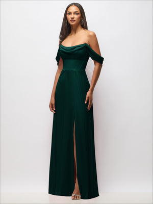 Corset maxi dress in dark green with off-shoulder neckline and front slit