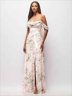 Blush floral chiffon corset maxi dress with off-shoulder swags, sweetheart bodice